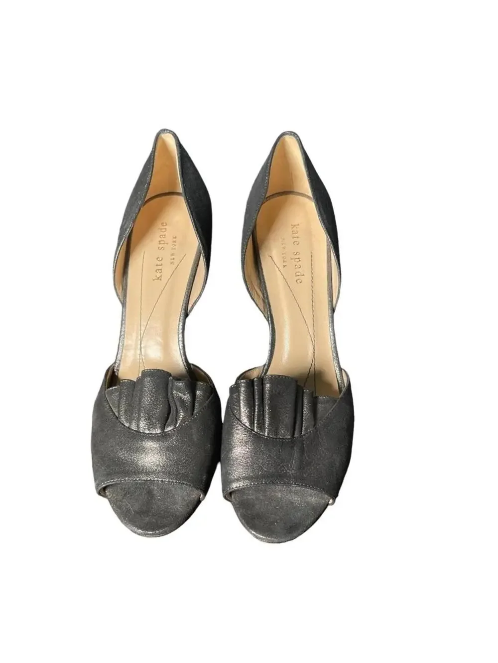 KATE SPADE NEW YORK Chrisette Pewter Liquid Suede Ruffle Peep Toe Pump Heel 6B